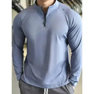 Men's Outdoor Pullover Sweatshirt, Gym Long Sleeve Elastic Half Zip Top, Fitness Training Running Football Sport Wear, Athletic Sports Clothing