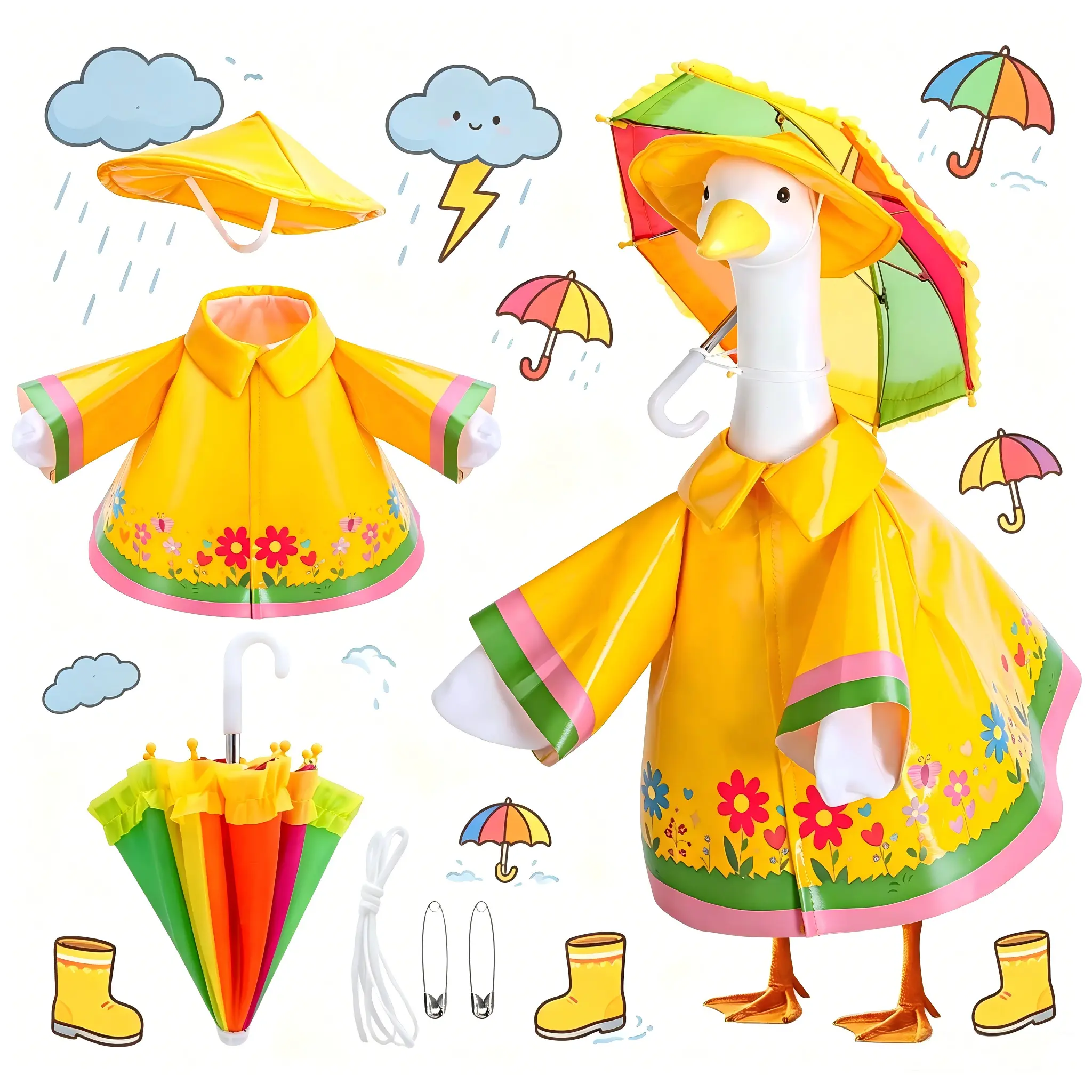 23-in Rainproof Cute Glossy Finish Yellow Floral Raincoat Umbrella Set for Lawn Goose, Spring Rainy Day Costume with Hat, Outdoor Porch Decor Gift Outfit (DIY Specialty Supply for Goose & Garden Lovers)