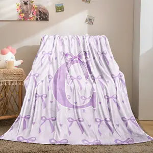 A-Z Initial Letter Purple Bow Throw Blanket, Soft Polyester Flannel Fleece Coquette Aesthetic Blanket, Personalized Lightweight Blanket for Sofa Bed Travel, Bedroom Decor for Girls Teens & Women, Ideal Birthday Gift