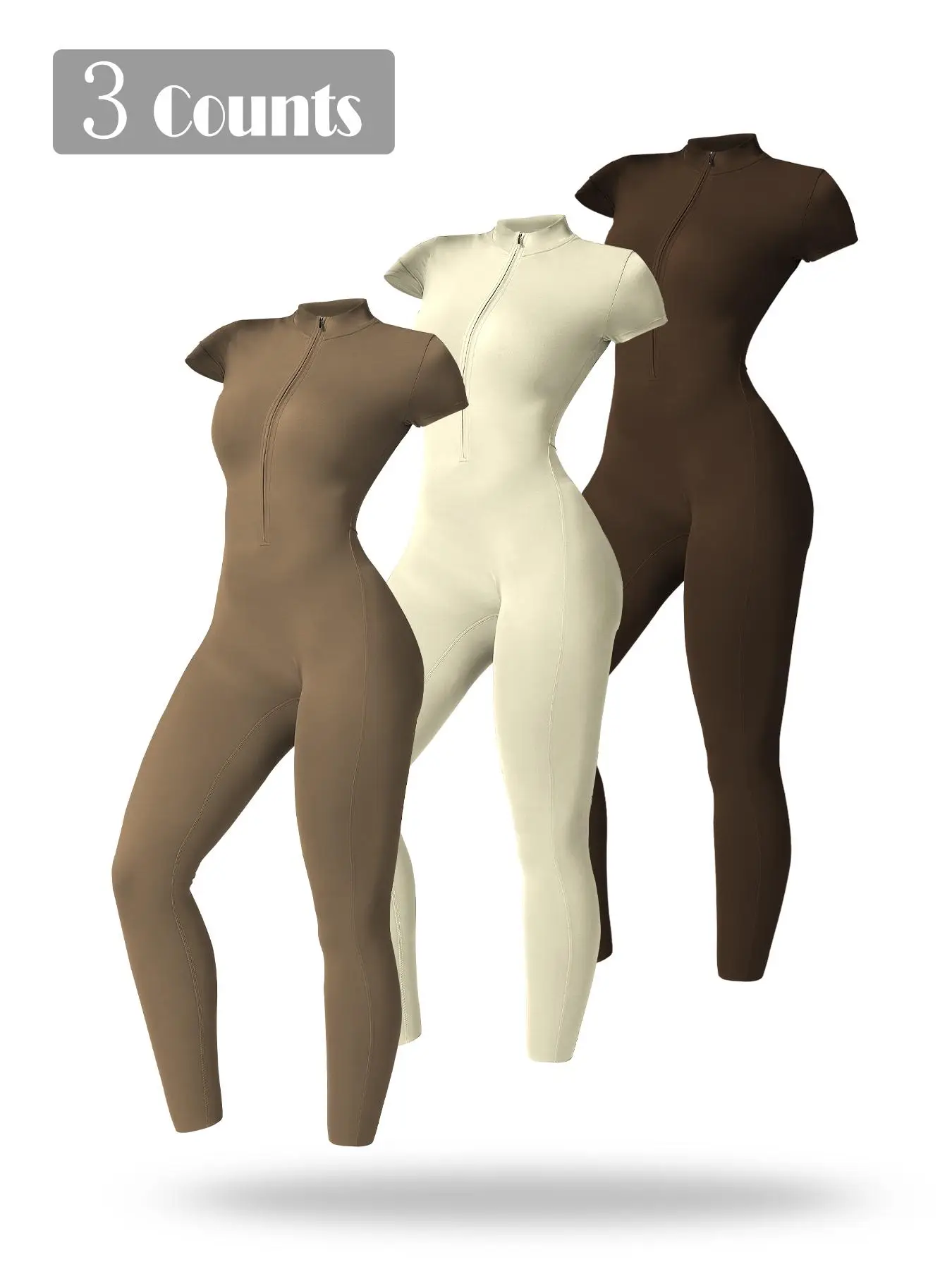 Women's Solid Short Sleeve Half Zip Sports Jumpsuit, Sporty Stand Collar Skinny Jumpsuit for Yoga Gym Workout, Ladies Sportswear for All Seasons, Work