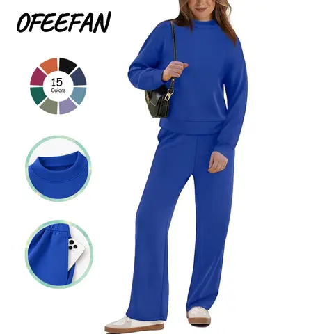 OFEEFAN Two Piece Sets for Women Fall Outfits Lounge Sets Mock Neck Tops Wide Leg Pants Vacation Travel Airport Outfits Casual Long Sleeve