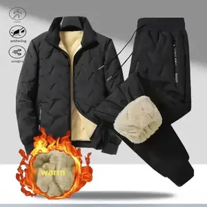 A men's black fleece lined warm set, including a stand collar jacket and cuffed pants, featuring a simple and practical style. The jacket and pants feature a diamond pattern on their surfaces, adding a touch of detail. The fleece lining provides a warm we