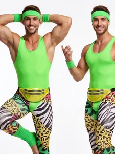 80s Aerobics Guy Costume for Men - Neon Lime Green Workout Outfit with Rainbow Animal Print Leggings, Fanny Pack & Headband - 1980s Fitness Party Halloween Cosplay