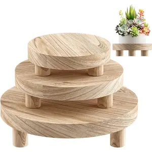 Set of 3 Wooden Decorative Trays, Round Pedestal Stand Organizer for Bathroom, Kitchen, and Home Display, Elegant Home Décor Accessories