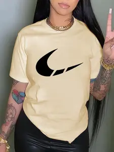 Women's Casual Streetwear Fashion Loose Round Neck Short Sleeve Top, Cartoon Print Fitted T-Shirt, Comfortable Summer Wear, Womenswear