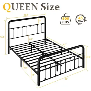 14 Inch Queen Bed Frame Classic Metal Platform Bed Frame with Charging Station & LED, Victorian Style Iron-Art Headboard/Footboard, Under Bed Storage, No Box Spring Needed, Noise Free