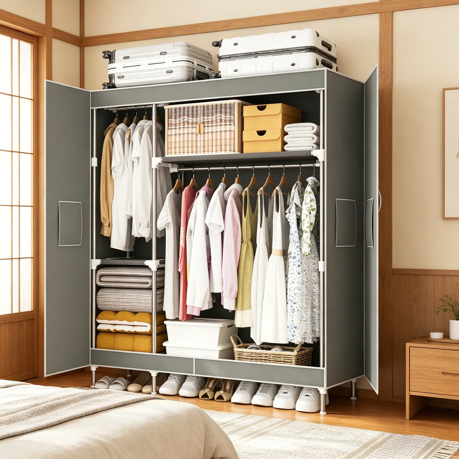 Portable Closet for Hanging Clothes Large Capacity Portable Wardrobe Closet with Cover, 2 Storage Shelves and 2 Hanging Rod Sturdy Free Standing Closet for Bedroom