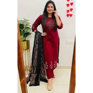 Indian Stylish Ethnic Straight Kurti Pant Dupatta Set