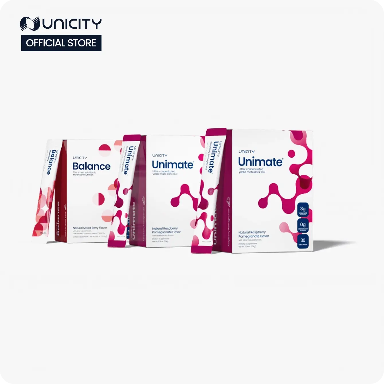 Unicity Feel Great - Raspberry Pomegranate Unimate 2 Boxes & Mixed Berry Balance 1 Box - 30-day Supply