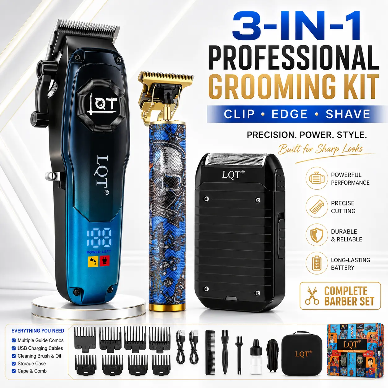 Men's 3-in-1 Professional Cordless Barber Kit - Smooth Hair Clipper Set with Trimmer, Foil Shaver, LCD Display, Powerful Motor, Sharp T-Blade, Rechargeable Grooming Tools for Hair, Beard