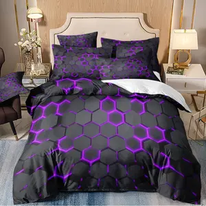 Hexagonal // Black and Purple / Alternating Color 3D Digital Printed 3-Piece Duvet Cover Set with Pillowcases, Soft, Comfortable and Breathable Bedding Set, Machine Washable, Zippered, Suitable for Bedroom and Living Room