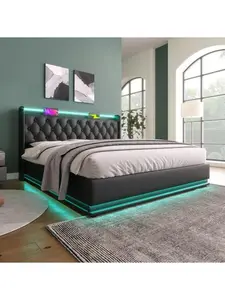Queen size Upholstered bed, 360 surround LED function, Buttons/Apps/Remote Control, hydraulic storage bed with USB Type-C charging, Black,PU (Without mattress)