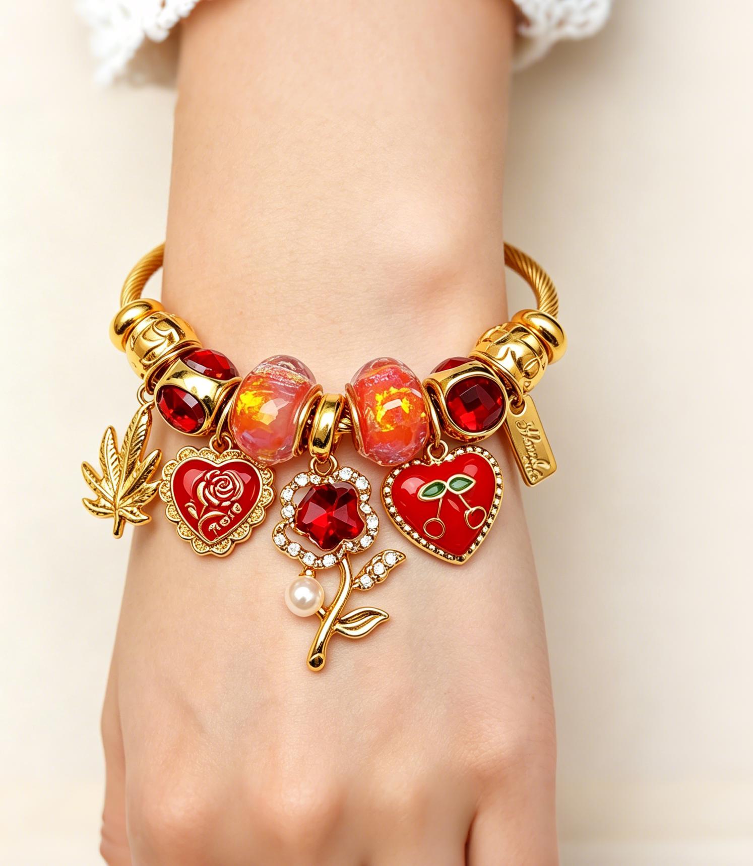 Golden Adjustable Open Cuff Charm Bangle, Cable Wire Beaded Bracelet with Enamel Heart Cherry Rose Maple Leaf Charms, Fashion Stackable Jewelry Gift for Women Girls Golden Adjustable Open Cuff Charm Bangle, Cable Wire Beaded Bracelet with Enamel Heart Cherry Rose Maple Leaf Charms, Fashion Stackable Jewelry Gift for Women Girls