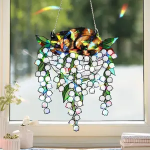 Tortoiseshell Cat Sleeping On Lily of the Valley ACRYLIC Window Hanging, Hologram Sun Catcher, Floral Window Decor, Cat Lover Ornament Gift