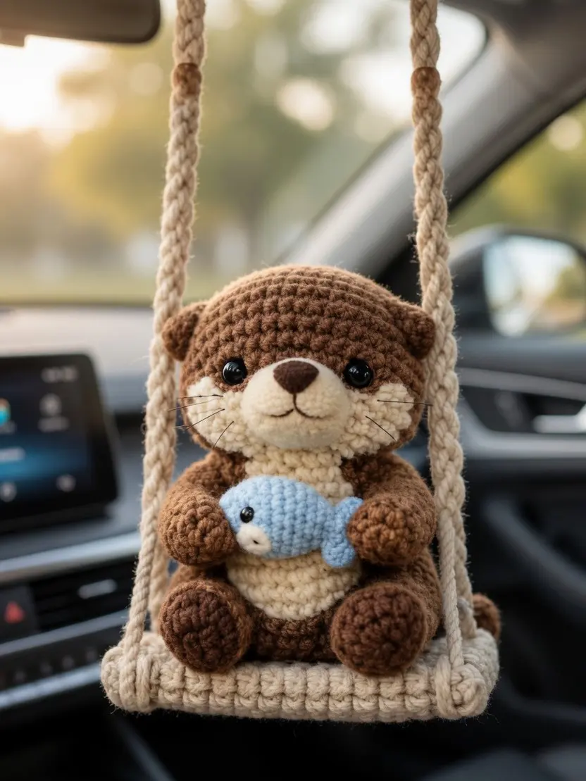 Amigurumi Otter Crochet Car Hanging - Handmade Craft, Soft Yarn, Detailed Stitching, Decorative Car Interior Charm, Rear View Mirror Cozy Accent, Cute Animal Gift