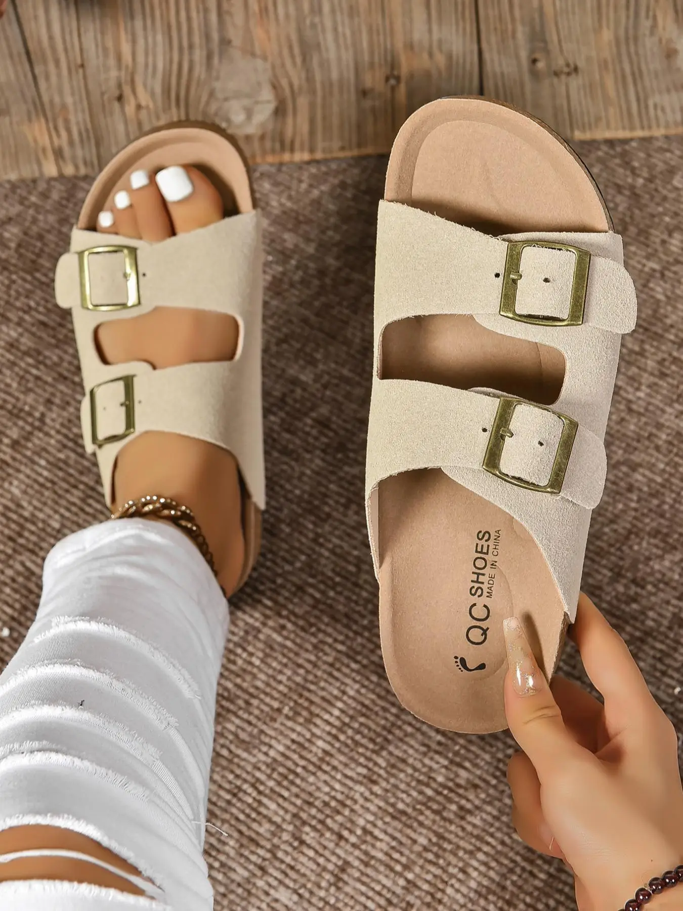 Women's Fashionable Plain Color Buckle Decorated Strap Sandals, Casual Comfortable Flat Sandals for Summer, Lightweight Breathable Shoes for Daily Wea