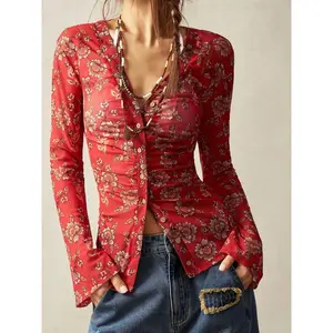 Elegant Women's Floral Long Sleeve Shirt, Button Front Mesh Cardigan, Semi-Transparent Fashion Top for All Seasons