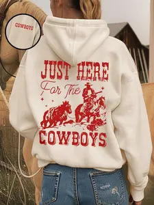 Women's Cowboy & Letter Print Drop Shoulder All Caps Hoodie, Fashion Casual Drawstring Pocket Hooded Sweatshirt for Daily Holiday Outdoor Wear, Ladies Clothes for Fall & Winter