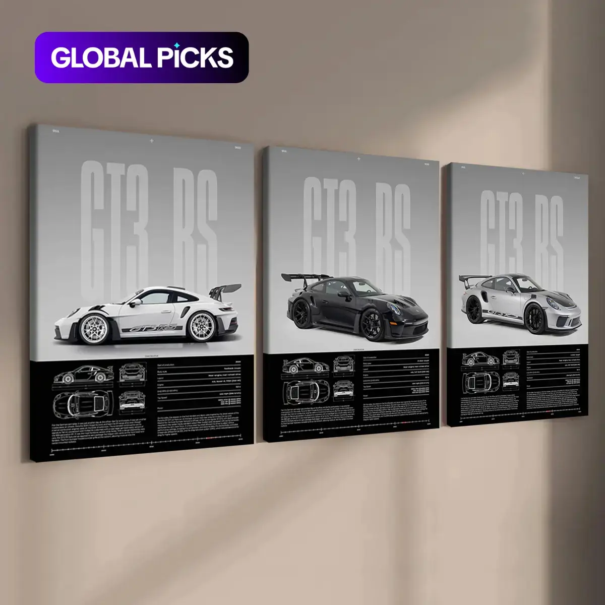 3-Piece Wooden Framed Canvas Set, Cool Supercar Posters, Exquisite Sports Car Patterns, Perfect Living Room Decoration, Modern Art Family Poster Wall Art, Ideal Gift, Waterproof Artwork #GLOBAL PICKS