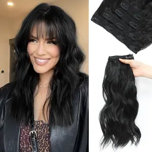 Black Hair Extensions, Clip In Hair Extensions 14inch 4Pcs Short Beach Wavy Clip In Hair Extensions for Women Synthetic Wavy Curly Clip In Hair Extensions Hairpiece for Women Hair Extensions Clip Ins