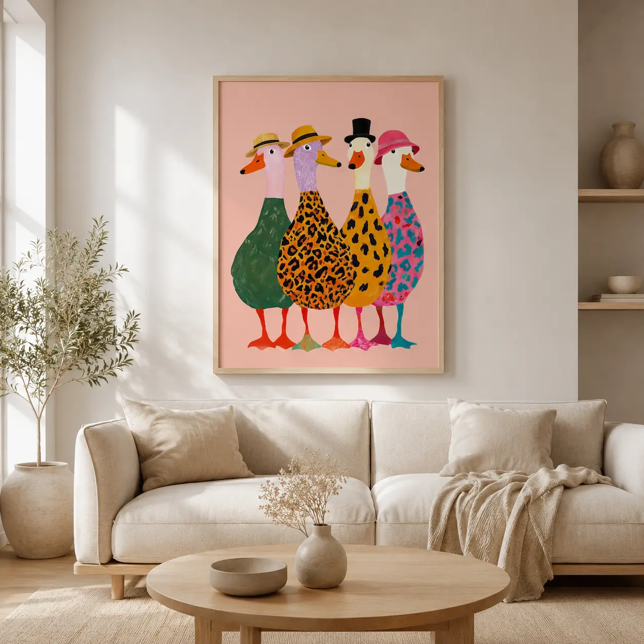 Funny Ducks with Hats Poster  Colorful Animal Wall Art Print  Quirky Modern Home Decor