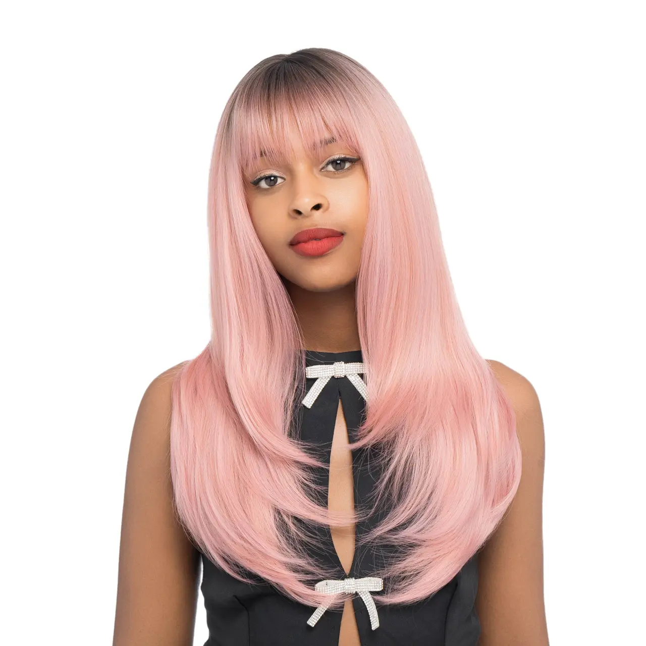 22-Inch Warm Pink Ombre (Scorched Brown Roots) Barely Wavy Layered Front Cut Synthetic Wig | 【Heat Resistant】【Cap Included】 | 52FSGB