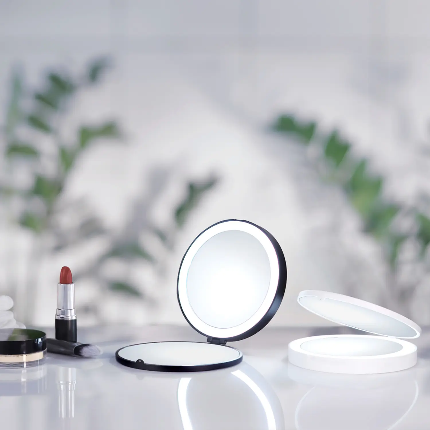 Swedish LED Lighted Magnifying Make-Up Mirror Compact - Matte Black Case, 4.75" Diameter, USB Charging Cord Included, Normal & 7x Magnification