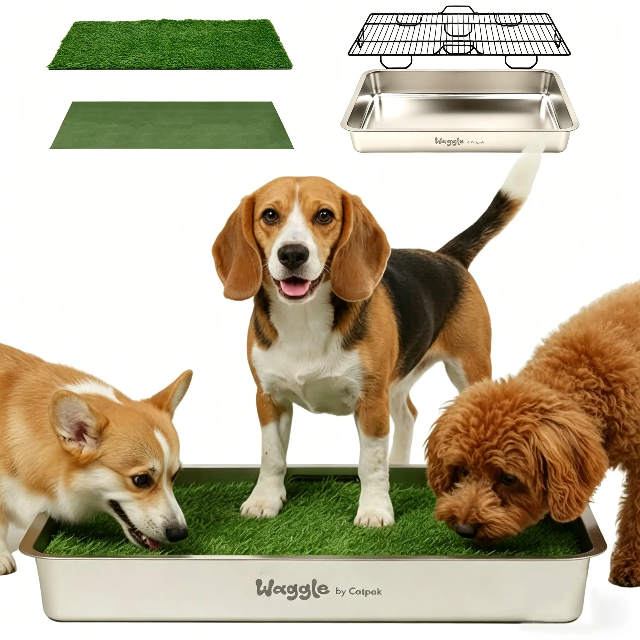 Waggle Stainless Steel Dog Potty Tray with Removable Grate, Easy to Clean, Leak-Resistant, Indoor & Outdoor Potty Training for Small and Medium Dogs