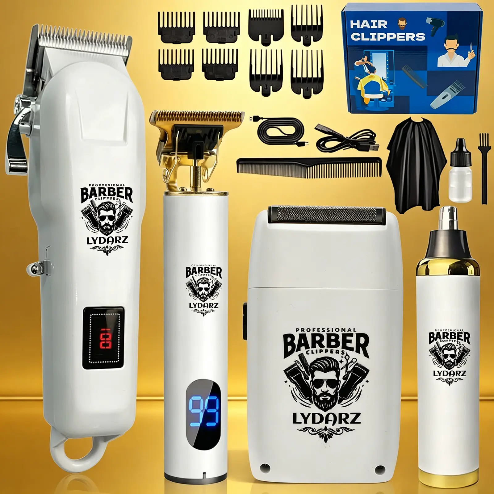 LYDARZ 4-pcs Professional Hair Clipper Set , Cordless Beard Trimmer & Shaver for Men,  recortador a pro，Complete Grooming Kit,USB-Rechargeable Barber Set Featuring LCD Display