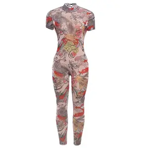 Statement See Through Mesh Print Detailed Open Back Fitted Jumpsuit Womenswear