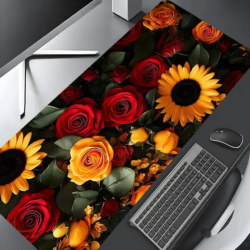 Romantic Rose & Sunflower Pattern Mouse Pad, Rectangle Gaming Mouse Pad, Non-slip Rubber Pad, Desktop Decoration Protection Pad for Home, Office, Mouse Pads for Desk, Desk Accessories, Mouse Pad Cute, Computer Mouse Pad