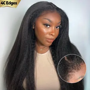 4C Curly Edges Hairline HD Invisible 13x6 Lace Front Wig Brazilian Virgin Yaki Straight Baby Hair Human Hair Wigs For Black Women 180% Density