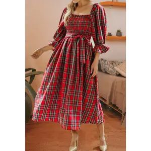 Plaid Square Neck Puff Sleeve Knot Waist Flared Dress: Red
