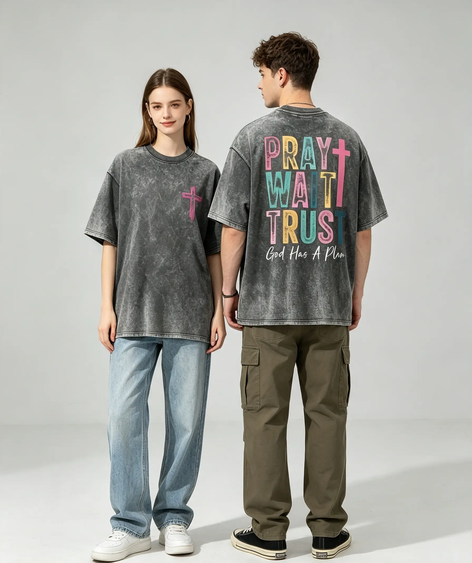 Women's Pray Wait Trust Graphic T-Shirt - Solid Round Neck, Casual Short Sleeve, Soft Smooth Cotton Fabric, Seamless Lightweight Fit, Seamless Underarm, Faith Gift, Faith Message, All Seasons Top, Machine Washable, Normal Type, Clothes, Tshirt, Custom Mad