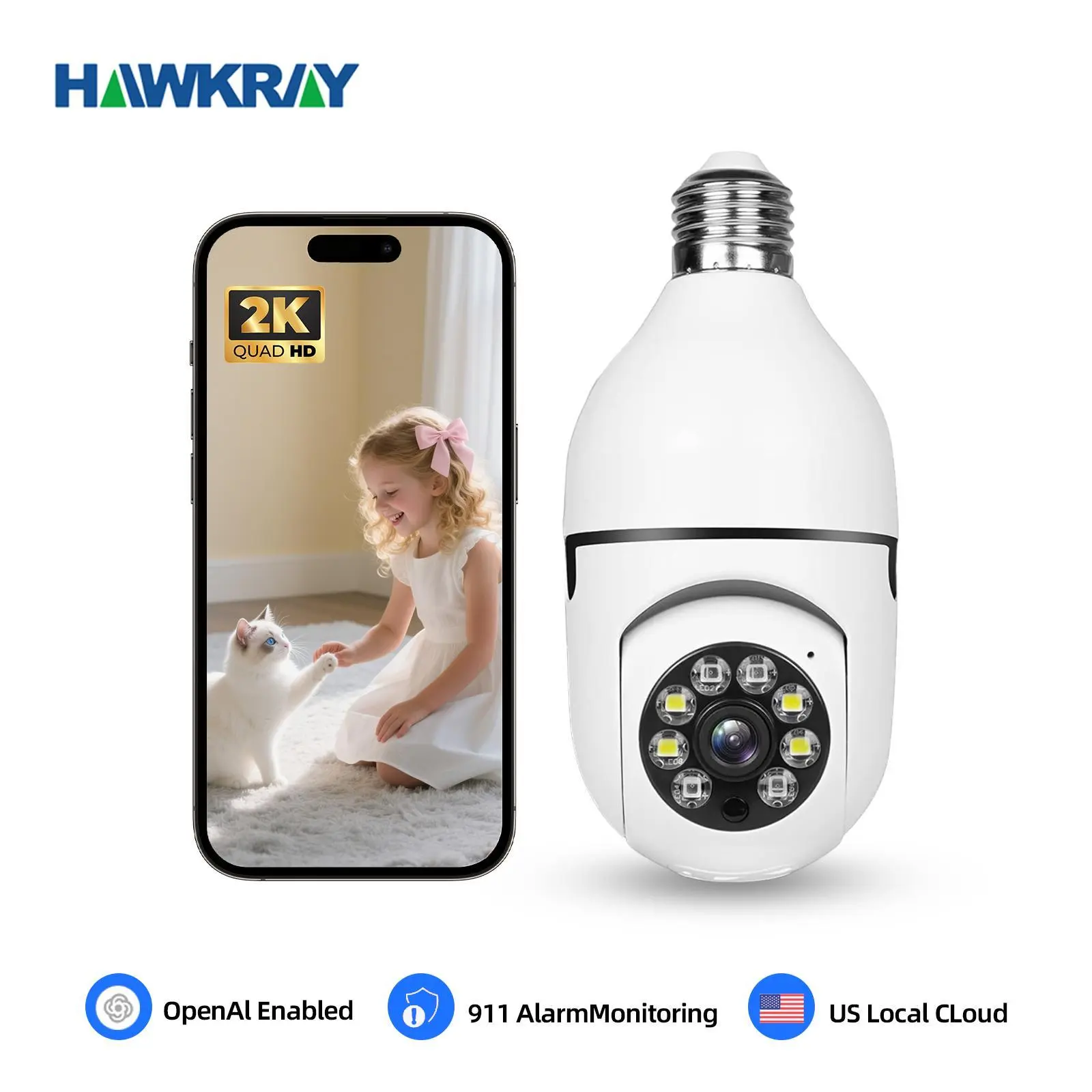 Hawkray AI Camera 2K Quad HD Bulb Design Easy Installation Face Recognition Full Color Night Vision Two-Way Audio Surveillance Camera with Motion Detection & Real-Time Alerts