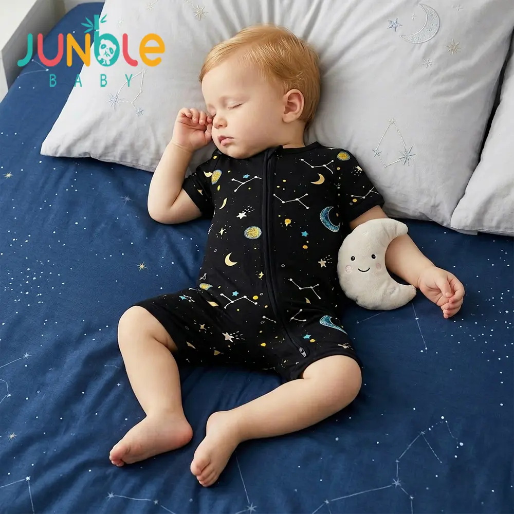 Junblebaby Night Sky Constellation Moon Star Print Baby Romper,baby boy zipper romper,baby summer clothes,   Kids   pjs,   Natural Bamboo Fiber Short Sleeve 2-Way Zipper Footless Onesie, Summer Sleep Play Pajamas for Baby Boys Girls 0-3T US