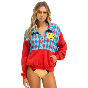 DIAMOND SMILEY 2 FLEECE HALF ZIP COLOR BLOCK SWEATSHIRT - RED // SKY
