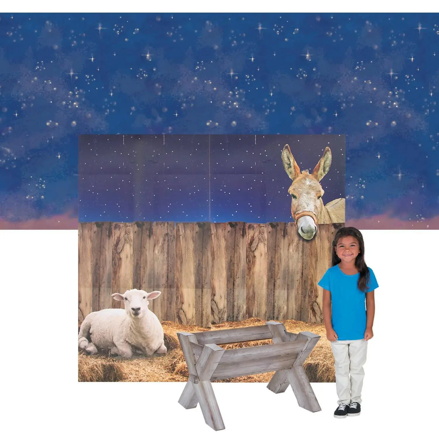 Small Nativity Pageant Decorating Kit - 4-Pc Festive Home Decor, 30 1/4" x 61" Vinyl Backdrop & Cardboard Accessories Set