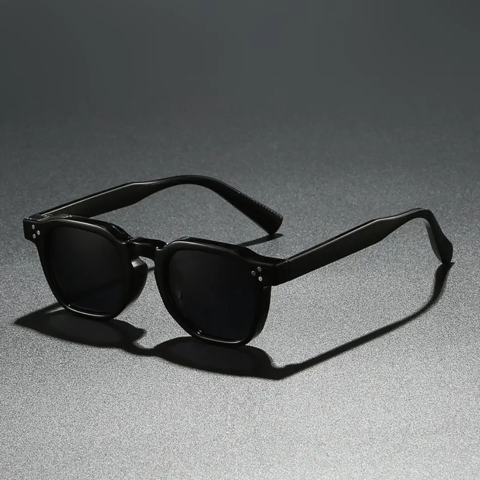 Vintage Rimless-Inspired Sunglasses for Men and Women, Square Black Acetate Frame with Dark Tinted Lenses and Rivet Temples, Vintage Rimless Sunglasses