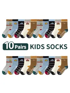 10 Pairs Kids Floor Socks Cartoon Striped Car Pattern, Non-Slip Soft Sole Indoor Mid-Calf Socks for Boys Girls Infants Toddlers Fun Patterns