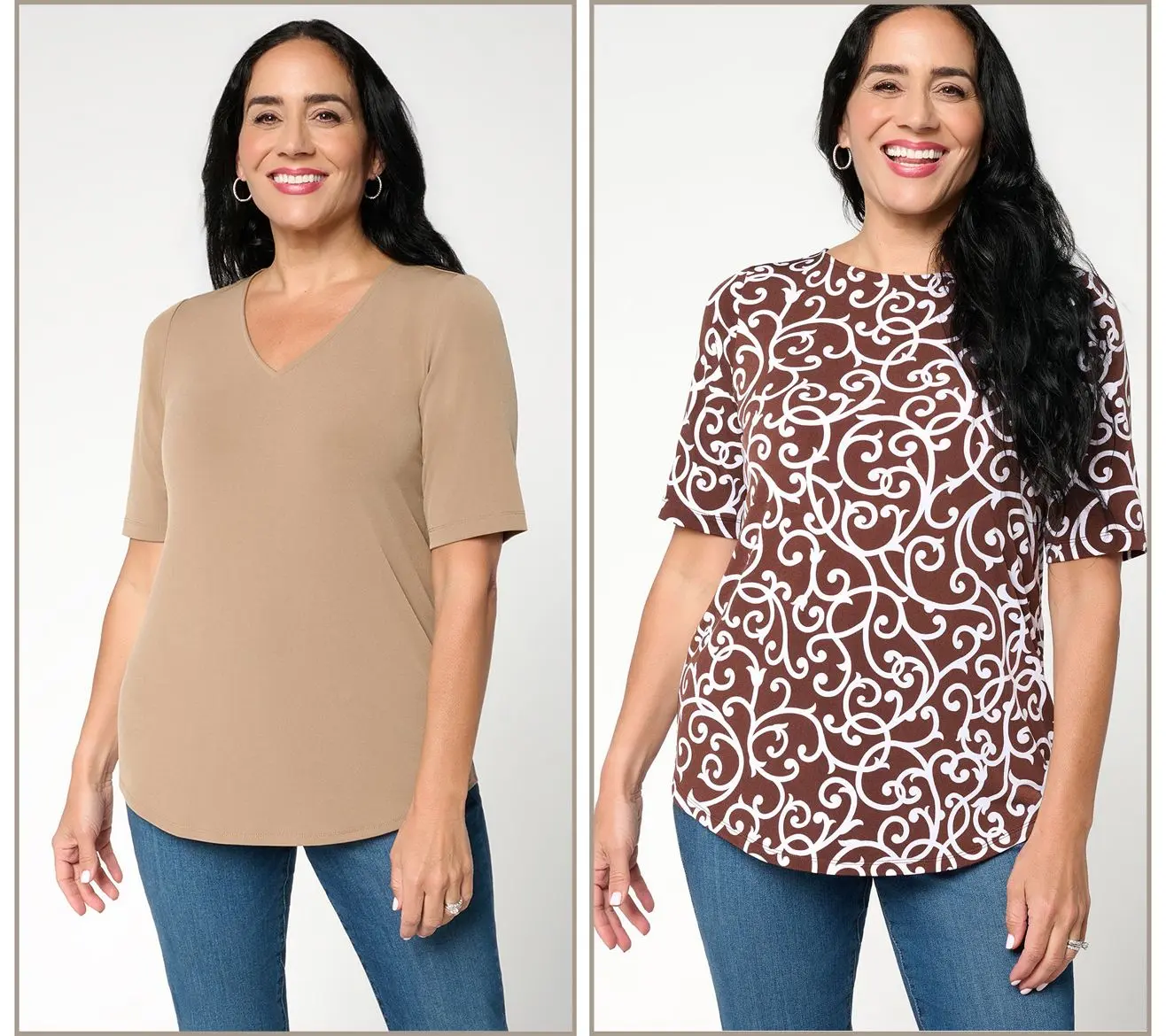 Susan Graver Set of 2 Print & Solid Liquid Knit Tops