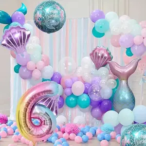 Mermaid Tail Round Ball Number Aluminum Foil Balloon Set, Mermaid Theme Birthday Party Decoration, 6-Piece Set, Perfect for Parties