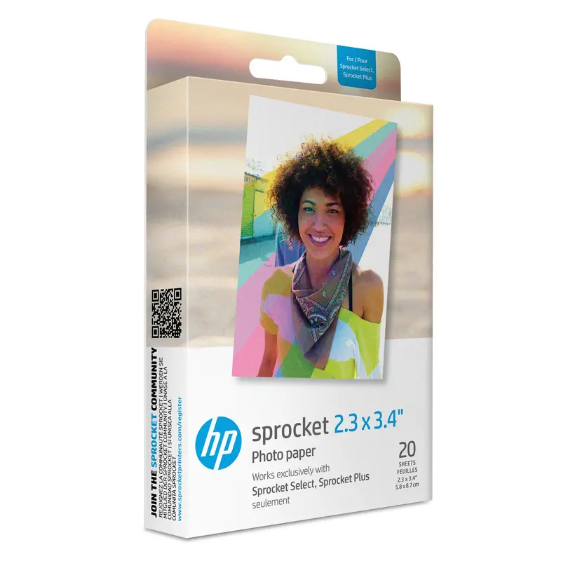 HP Sprocket Premium Instant Zink Adhesive Glossy Sticker Photo Paper (20-Pack, 2.3X3.4” in) - Waterproof, Blot-Proof, Lightweight Camera Accessory for HP Sprocket Select/Plus Printers, Ideal for Ad Scrapbooks and Crafts