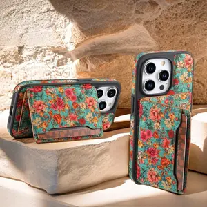Denior Magnetic iPhone Case with Detachable Floral-Patterned Card Wallet Compatible with iPhone 17, 16, 15, 14, 13, 12 Series, 2-in-1 Premium-Look Cork Protective Case with Stand Wireless Charging Support