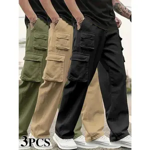 3-Piece Men's Casual Outdoor Work Pants - 100% Polyester, Non-Stretchy, Regular Fit, Four-Season Multi-Functional Pocketed Hiking Cargo PantsGift