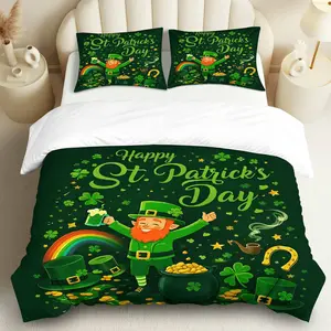 3PCS Duvet Cover Set, 1 Duvet+2 Pillowcases(Without filler), Leprechaun Rainbow Shamrock Gold St. Patrick's Day theme, St. Patrick's Day bedding set, Clover Irish Luck Suitable for decoration Bedroom Guestroom Holiday Home Hotel.