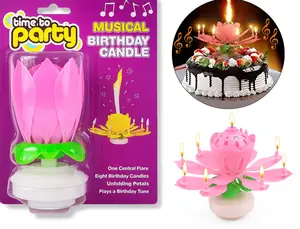 PMU Birthdays Lotus Flower Musical Birthday Candle Spinning Birthday Cake Decoration Pink