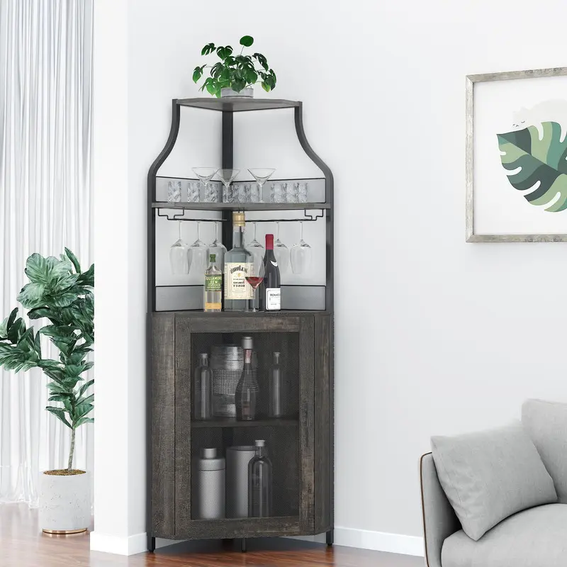 Corner Bar Cabinet with LED Lights, Industrial Liquor Cabinet with Adjustable Shelf, 5-Tier Industrial Wine Cabinet with Glass Holder, Home Bar Cabinet, Coffee Bar Cabinet