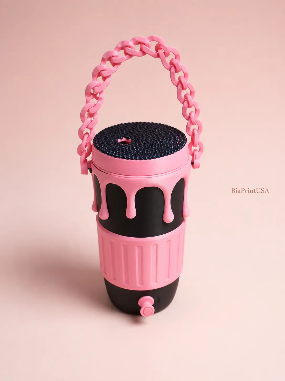 Stylish 3D Printed Handmade Reusable Pink & Black Luxury Drink Can Holder, Kitchenware Drinkware Accessory with Chain Handle