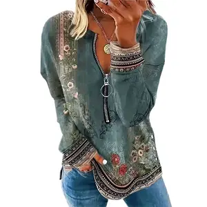 Flamingals Women's Floral Print Ring Zip-Up Round Neck Long Sleeve T-Shirt, Casual Wear & Layering Top